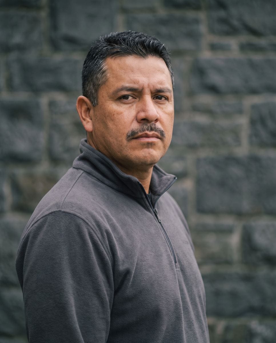Portrait of a Latino man in his forties, black hair graying at the temples, close-trimmed mustache, stocky build.