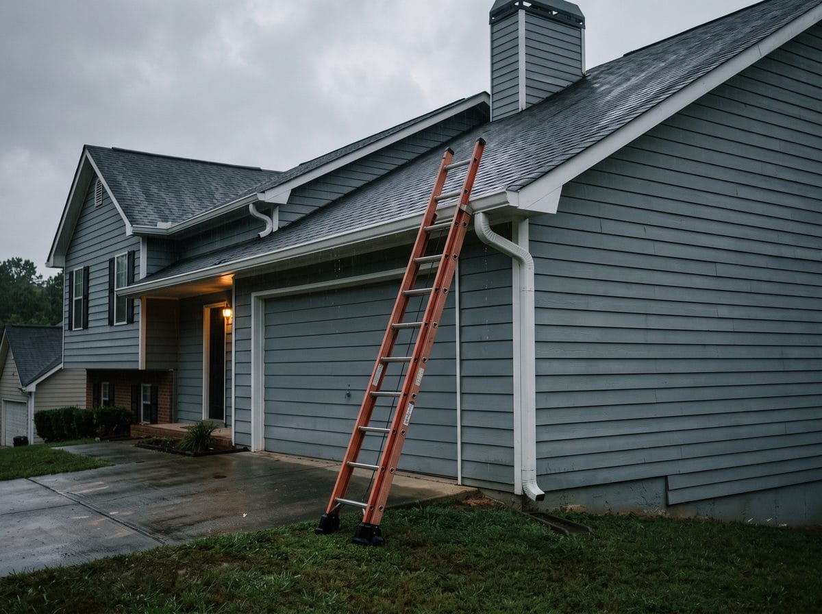 A ladder set against the eave of a house at the start of an inspection.