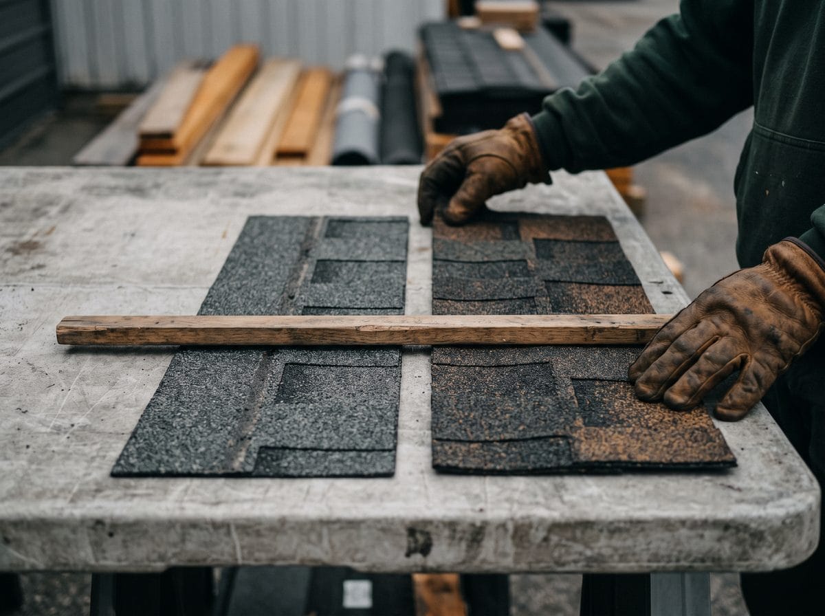 A thin three-tab and a heavy laminate shingle laid side by side for comparison.