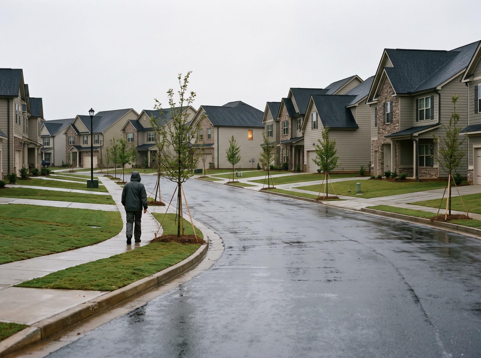A very new subdivision with crisp dark roofs, raw curbs and staked saplings. Typical of the housing stock around Holly Springs.