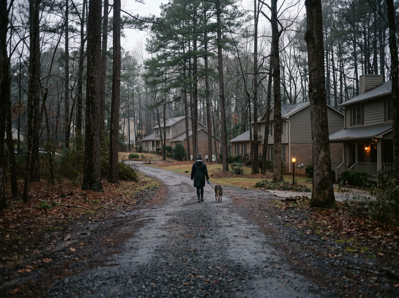 Scattered houses set well back among tall pines on rolling ground, no curbs. Typical of the housing stock around Waleska.